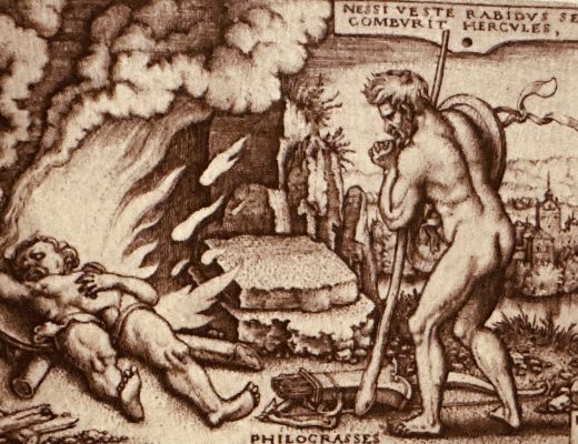 1548 German engraving of Hercules 'clothed in flame' on his funeral pyre from Ancient Magic